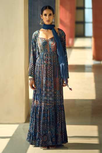 Buy_Samyukta Singhania_Black Satin, Chiffon, Viscose, Modal Geometric And Floral Print Anarkali Set 