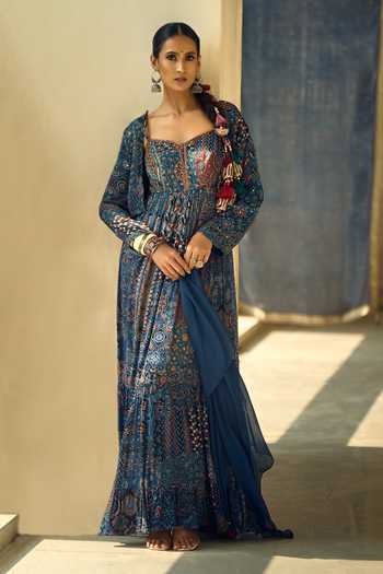 Samyukta Singhania_Black Satin, Chiffon, Viscose, Modal Geometric And Floral Print Anarkali Set _Online_at_Aza_Fashions