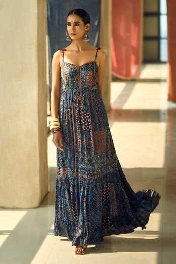 Shop_Samyukta Singhania_Black Satin, Chiffon, Viscose, Modal Geometric And Floral Print Anarkali Set 