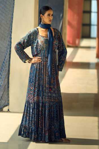 Buy_Samyukta Singhania_Black Satin, Chiffon, Viscose, Modal Geometric And Floral Print Anarkali Set _at_Aza_Fashions