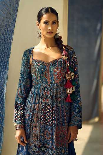 Shop_Samyukta Singhania_Black Satin, Chiffon, Viscose, Modal Geometric And Floral Print Anarkali Set _Online