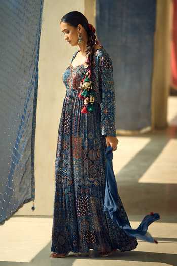 Samyukta Singhania_Black Satin, Chiffon, Viscose, Modal Geometric And Floral Print Anarkali Set 