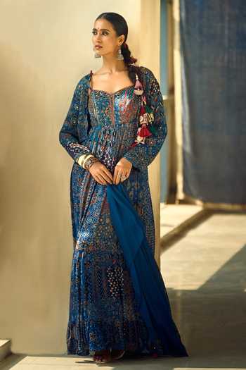 Samyukta Singhania_Black Satin, Chiffon, Viscose, Modal Geometric And Floral Print Anarkali Set 