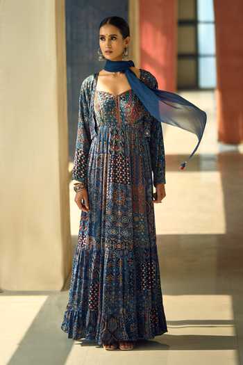 Samyukta Singhania_Black Satin, Chiffon, Viscose, Modal Geometric And Floral Print Anarkali Set 