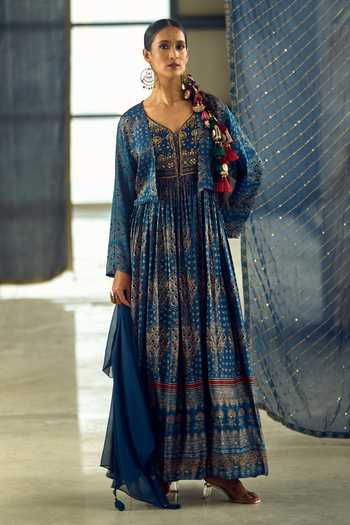 Samyukta Singhania_Blue Satin, Chiffon, Viscose, Modal Tassels Floral Stripe Print Anarkali Set _Online_at_Aza_Fashions