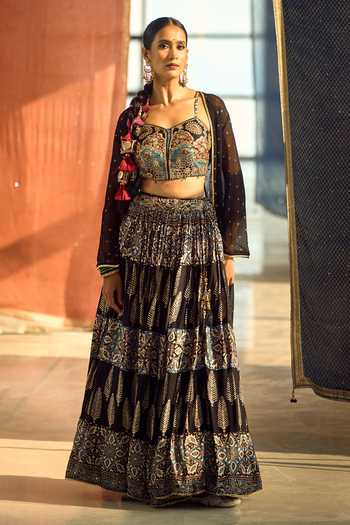 Samyukta Singhania_Black Satin, Viscose, Modal, Printed Satin-chinon Lehenga Set With Blouse _Online_at_Aza_Fashions