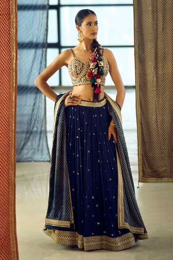 Samyukta Singhania_Blue Satin, Viscose, Embroidered Chinon Lehenga Set With Choli And Dupatta _Online_at_Aza_Fashions