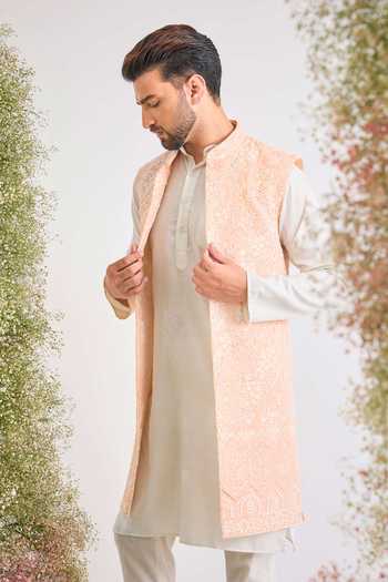 Buy_Kasbah_Pink Georgette Embroidery, Stones Hand Nehru Jacket _at_Aza_Fashions