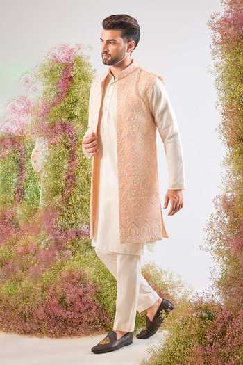 Buy_Kasbah_Pink Georgette Embroidery, Stones Hand Nehru Jacket _Online_at_Aza_Fashions
