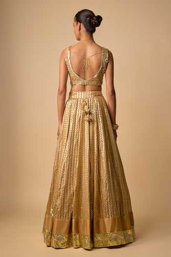 Shop_Neha Khullar_Gold Organza, Chanderi, Tissue V-neck Zardozi Embroidered Lehenga Set _at_Aza_Fashions