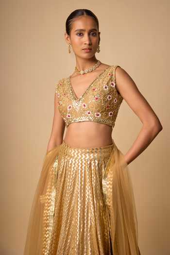 Neha Khullar_Gold Organza, Chanderi, Tissue V-neck Zardozi Embroidered Lehenga Set _Online_at_Aza_Fashions