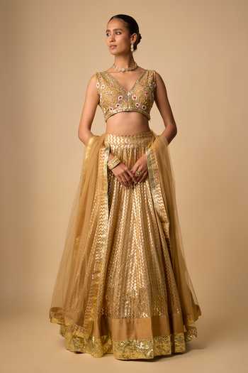 Buy_Neha Khullar_Gold Organza, Chanderi, Tissue V-neck Zardozi Embroidered Lehenga Set _at_Aza_Fashions