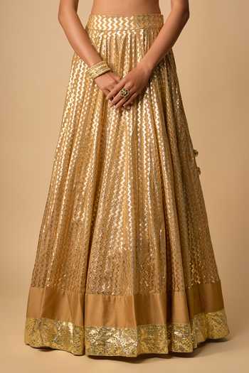 Buy_Neha Khullar_Gold Organza, Chanderi, Tissue V-neck Zardozi Embroidered Lehenga Set _Online_at_Aza_Fashions