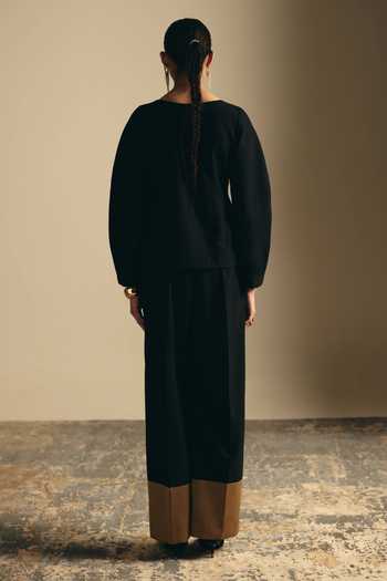 Shop_Shimona_Black Applique, Metallic Thread Boat Neck Noire Rose Top And Pant Set _at_Aza_Fashions