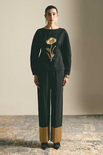Buy_Shimona_Black Applique, Metallic Thread Boat Neck Noire Rose Top And Pant Set _at_Aza_Fashions