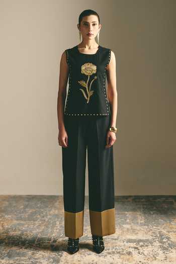 Buy_Shimona_Black Fabric Embroidery, Zari, Applique, Noire Rose Sleeveless Top And Pant Set _at_Aza_Fashions