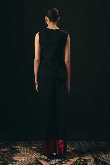 Shop_Shimona_Black Silk, Tissue Embroidery Round Neck Rouge Sleeveless Top And Pant Set _at_Aza_Fashions
