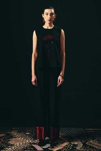 Buy_Shimona_Black Silk, Tissue Embroidery Round Neck Rouge Sleeveless Top And Pant Set _at_Aza_Fashions