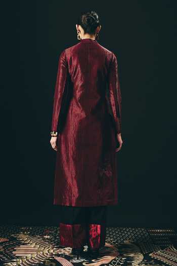 Shop_Shimona_Black Silk, Tissue Embroidery, Zari Mandarin Collar Rouge Long Tunic And Pant Set _at_Aza_Fashions