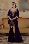 Buy_Ajiesh Oberoi_Wine Velvet Mirrors, Gota Patti V-neck, Maaheru Embroidered Kurta Sharara Set _at_Aza_Fashions