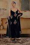 Shop_Ajiesh Oberoi_Black Velvet Embroidery, Mirrors V-neck Siddat Kurta Farshi Salwar Set _at_Aza_Fashions