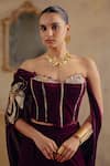 Buy_Ajiesh Oberoi_Wine Velvet Embroidery, Zari Sweetheart Neck Ragini Corset Pant Set 