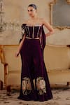 Buy_Ajiesh Oberoi_Wine Velvet Embroidery, Zari Sweetheart Neck Ragini Corset Pant Set _at_Aza_Fashions