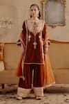 Buy_Ajiesh Oberoi_Orange Velvet, Organza Sequins, Mirrors, Tassels, Afsana Yoke Kurta Salwar Set _at_Aza_Fashions