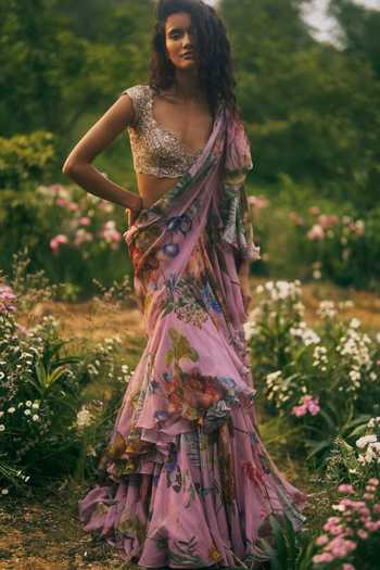 Buy_Anushree Reddy_Pink Organza, Chiffon Printed Pre-draped Saree With Unstitched Blouse Piece _at_Aza_Fashions