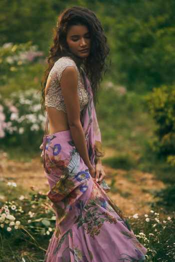 Shop_Anushree Reddy_Pink Organza, Chiffon Printed Pre-draped Saree With Unstitched Blouse Piece _at_Aza_Fashions