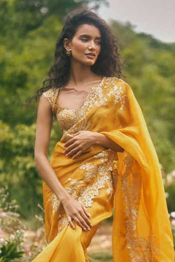 Anushree Reddy_Yellow Organza Embroidery, Zari, Ruffles Saree With Unstitched Blouse Piece _Online_at_Aza_Fashions