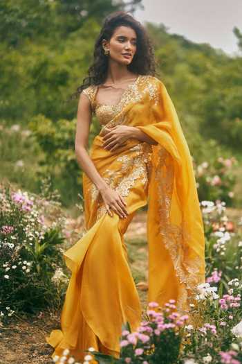 Shop_Anushree Reddy_Yellow Organza Embroidery, Zari, Ruffles Saree With Unstitched Blouse Piece _at_Aza_Fashions