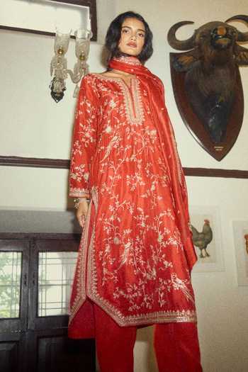Anushree Reddy_Red Silk, Dupion, Cotton, Organza Embroidery, Zari Round Neck Parrot Kurta Set _Online_at_Aza_Fashions