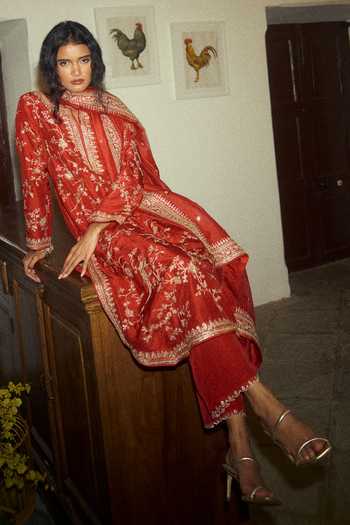 Shop_Anushree Reddy_Red Silk, Dupion, Cotton, Organza Embroidery, Zari Round Neck Parrot Kurta Set _at_Aza_Fashions