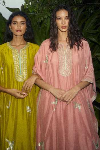 Shop_Anushree Reddy_Peach Silk, Dupion, Cotton Zari Split V-neck Embroidered Kaftan And Pant Set _at_Aza_Fashions