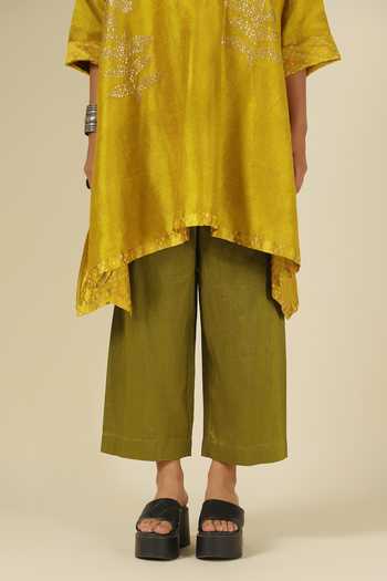 LATHA PUTTANNA_Gold Silk Embroidery, Sequins Split V-neck Kurta And Trouser Set _at_Aza_Fashions
