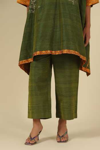 LATHA PUTTANNA_Olive Green Silk Sequins, Embroidery Split V-neck, Yes Raw Kurta And Pant Set _at_Aza_Fashions