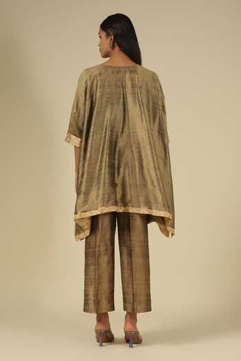Shop_LATHA PUTTANNA_Gold Silk Embroidery, Sequins Split V-neck, Yes Raw Kurta And Pant Set _at_Aza_Fashions