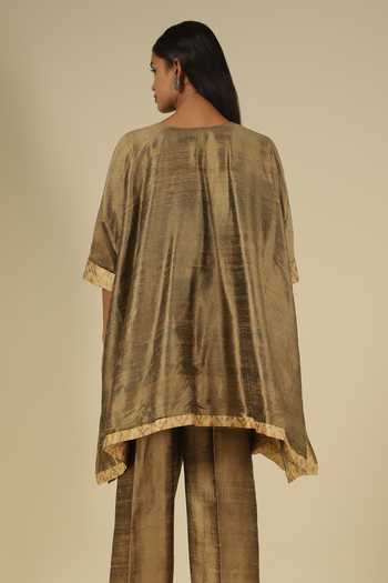 Buy_LATHA PUTTANNA_Gold Silk Embroidery, Sequins Split V-neck, Yes Raw Kurta And Pant Set _Online_at_Aza_Fashions