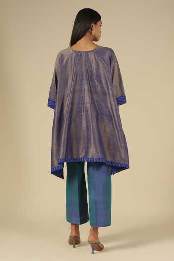 Shop_LATHA PUTTANNA_Blue Silk Embroidery, Sequins Split V-neck, Yes Raw Kurta And Trouser Set _at_Aza_Fashions