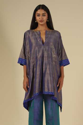 Shop_LATHA PUTTANNA_Blue Silk Embroidery, Sequins Split V-neck, Yes Raw Kurta And Trouser Set _Online_at_Aza_Fashions