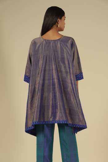 LATHA PUTTANNA_Blue Silk Embroidery, Sequins Split V-neck, Yes Raw Kurta And Trouser Set _at_Aza_Fashions