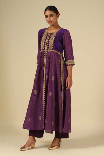 LATHA PUTTANNA_Gold Silk, Cotton, Chanderi Silk, Organza Embroidery, Zari, Gota Patti Kurta Set _Online_at_Aza_Fashions