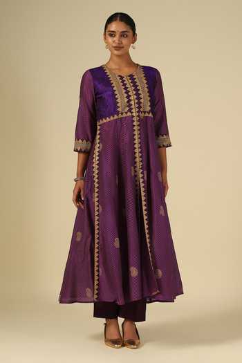 Buy_LATHA PUTTANNA_Gold Silk, Cotton, Chanderi Silk, Organza Embroidery, Zari, Gota Patti Kurta Set _Online_at_Aza_Fashions