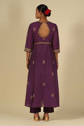 Shop_LATHA PUTTANNA_Gold Silk, Cotton, Chanderi Silk, Organza Embroidery, Zari, Gota Patti Kurta Set _at_Aza_Fashions