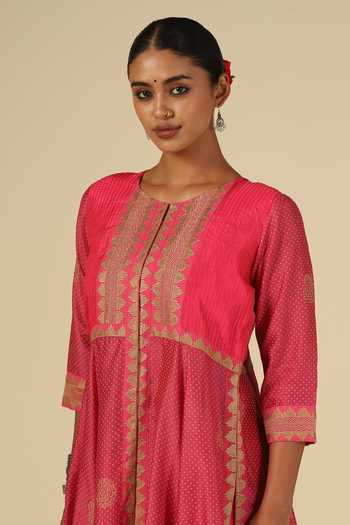 LATHA PUTTANNA_Pink Chanderi Silk, Silk, Cotton, Organza Embroidery, Zari Round Yoke Kurta Set _at_Aza_Fashions