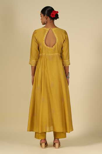 Shop_LATHA PUTTANNA_Gold , Cotton, Organza, Chanderi Embroidery Round Neck Kurta Set _at_Aza_Fashions
