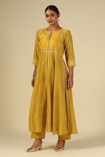 Shop_LATHA PUTTANNA_Gold , Cotton, Organza, Chanderi Embroidery Round Neck Kurta Set _Online_at_Aza_Fashions