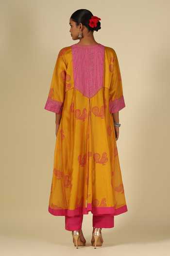 Shop_LATHA PUTTANNA_Pink , Cotton, Organza, Chanderi Embroidery Block Print Kurta Set _at_Aza_Fashions