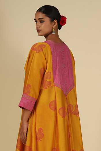 LATHA PUTTANNA_Pink , Cotton, Organza, Chanderi Embroidery Block Print Kurta Set _Online_at_Aza_Fashions
